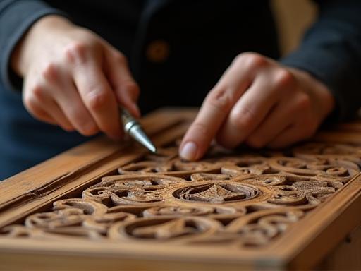 Close-up of a craftsman working on intricate furniture detail at Dubois Workshop.