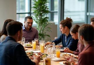 A group of diverse employees enjoying lunch together in a break area