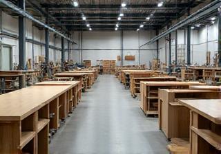 Wide shot of the organised and well-lit Dubois Furniture Workshop floor